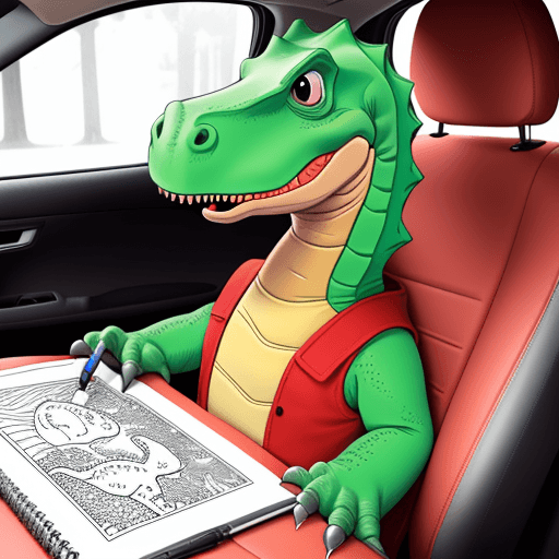 AI generated: happy 
dinosaur in car for coloring book