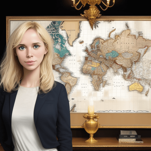 AI generated: a  world map in the background and in the foreground one french blonde women 