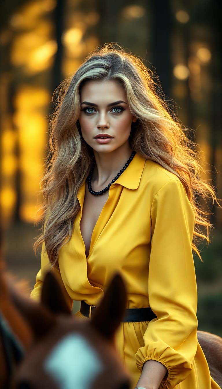 AI generated: "Full-body portrait photograph: a stylish supermodel in her early twenties rides an Arabian horse in...