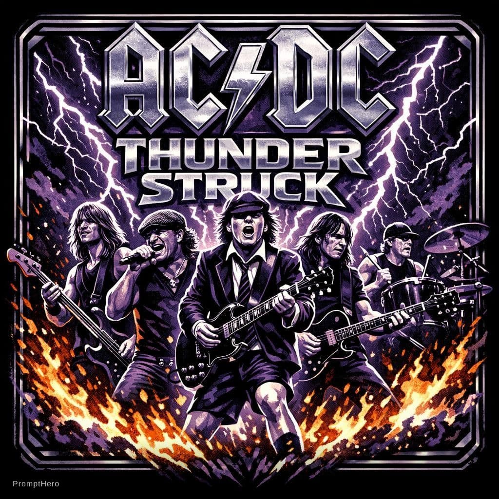 AI generated: A square-format heavy metal rock badge featuring the five-member from the ACDC rock band performing ...