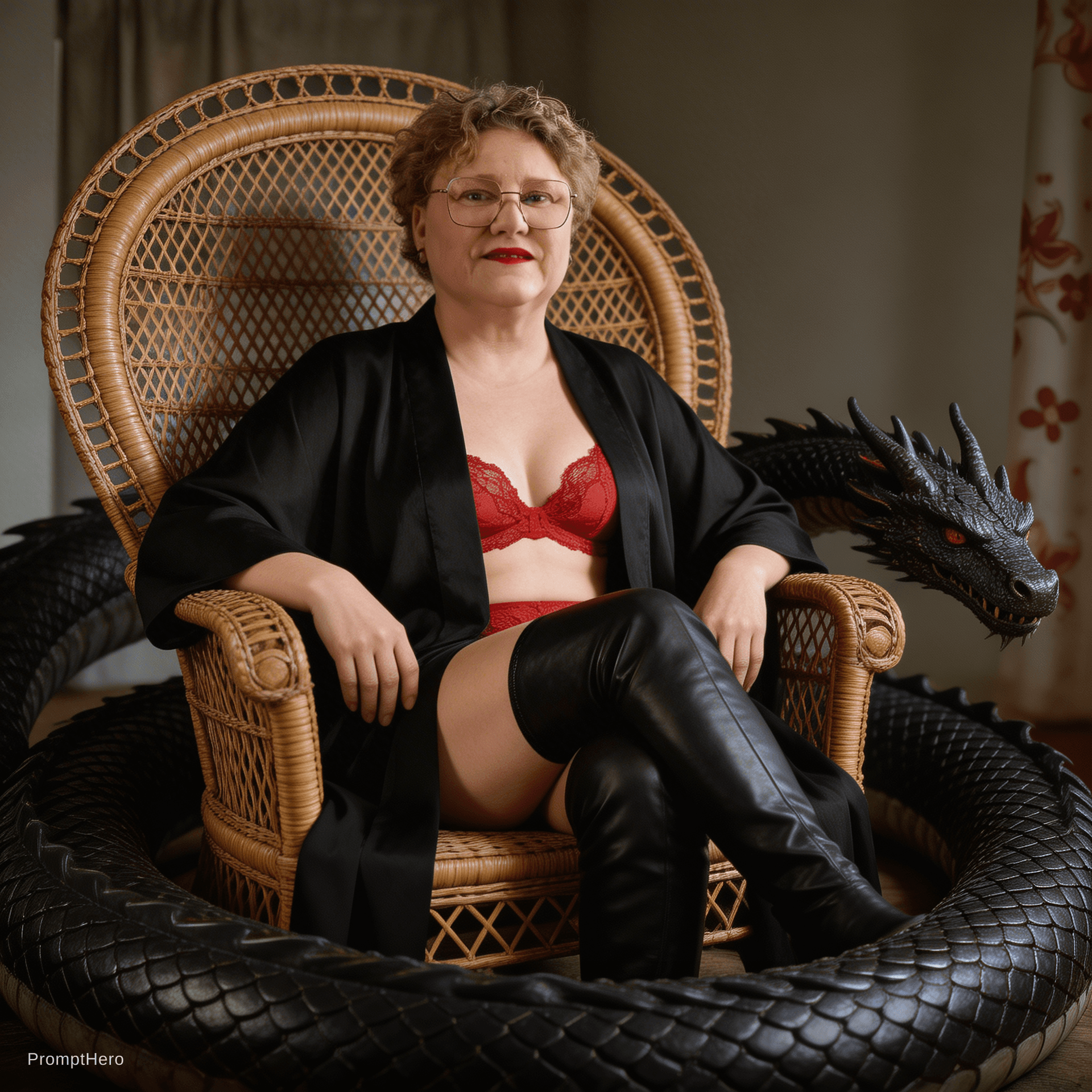 AI generated: A voluptuous woman, around 55 years old (reference photo), sits confidently atop a coiled black drag...
