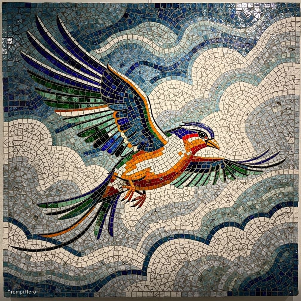 AI generated: Create an image of a vibrant mosaic artwork. It depicts a bird flying across a cloudy sky, with its ...