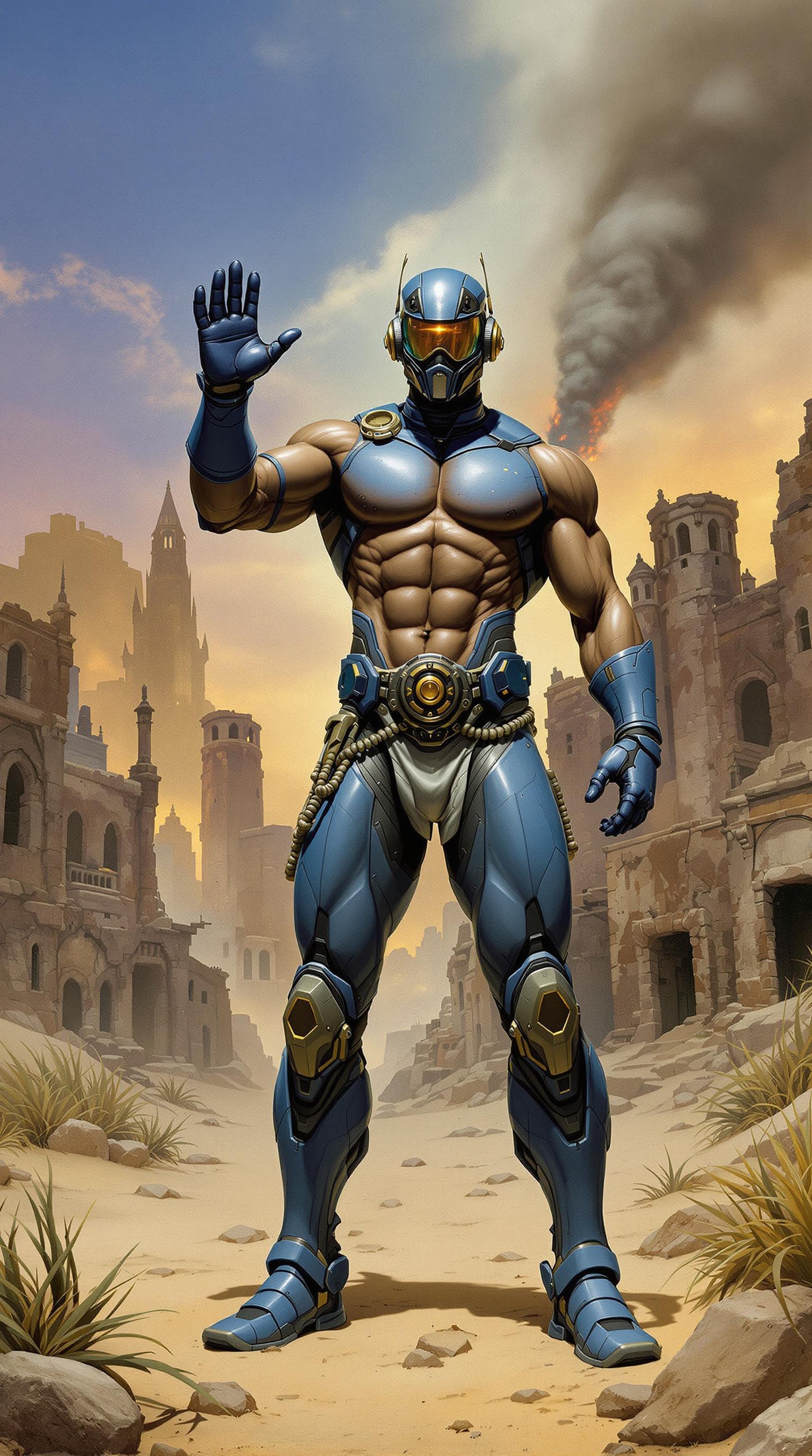 AI generated: A muscular man full body in blue body armor and futuristic goggles stands on the ground, abs, fit, w...