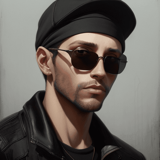 AI generated: a portrait of an young man, 38 years old, urban artist in 2024, with a black cap, sunglasses and aes...