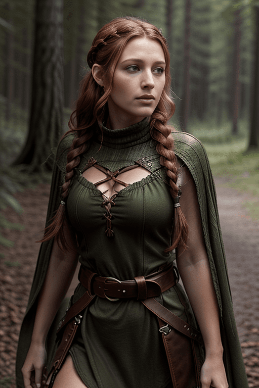 AI generated: Female druid [Blake Lively:0.5 | Ana de Armas:0.5], (wearing a green tunic, brown belt, leather brac...