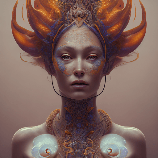 AI generated: Goddess close-up portrait ribcagel. jellyfish phoenix head, nautilus, orchid, skull, betta fish, bio...