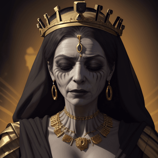 AI generated: The image features a dead old queen in full attributes, depicted as a mummy. She is wearing a crown ...
