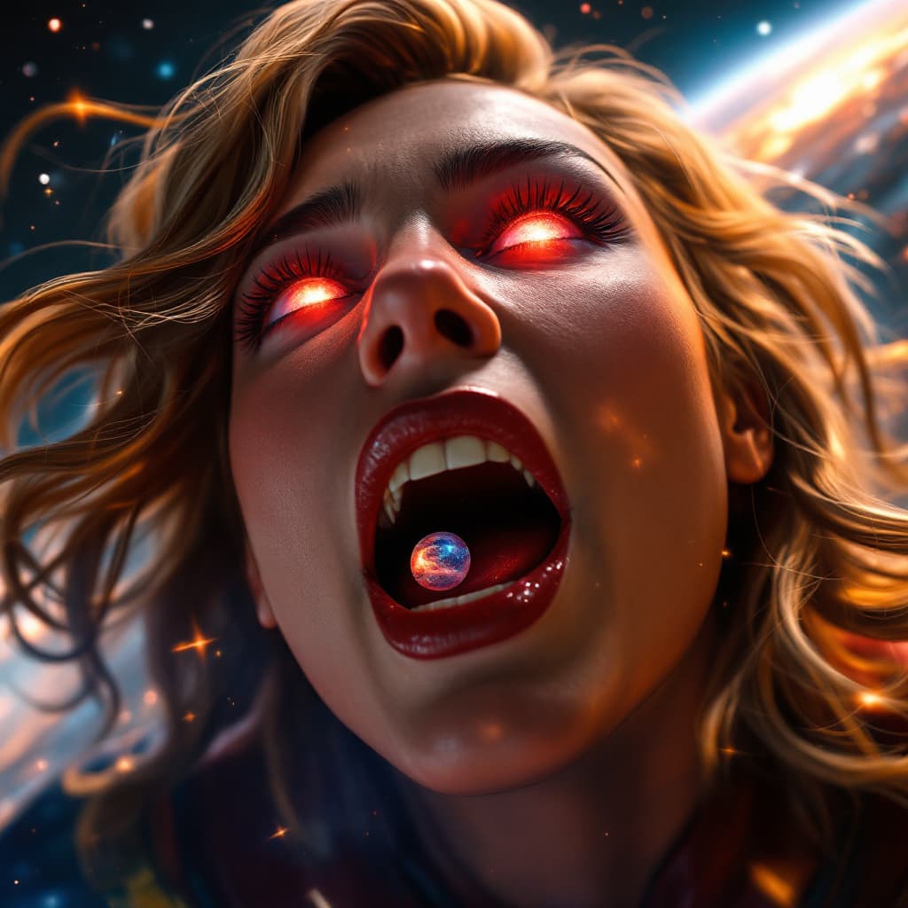 AI generated: enormous giantess captain marvel
bigger than a galaxy floating in space, minuscule galaxy in front o...
