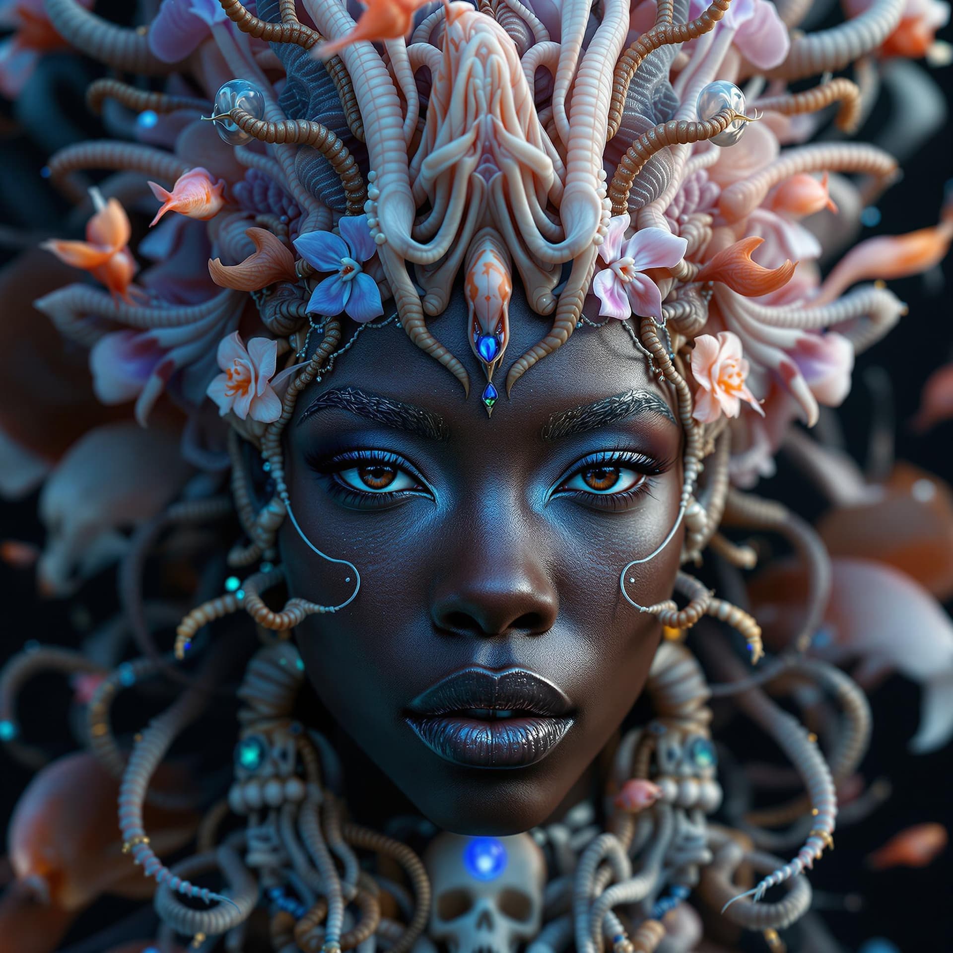 AI generated: African Goddess close-up portrait ribcagel. jellyfish phoenix head, nautilus, orchid, skull, betta f...