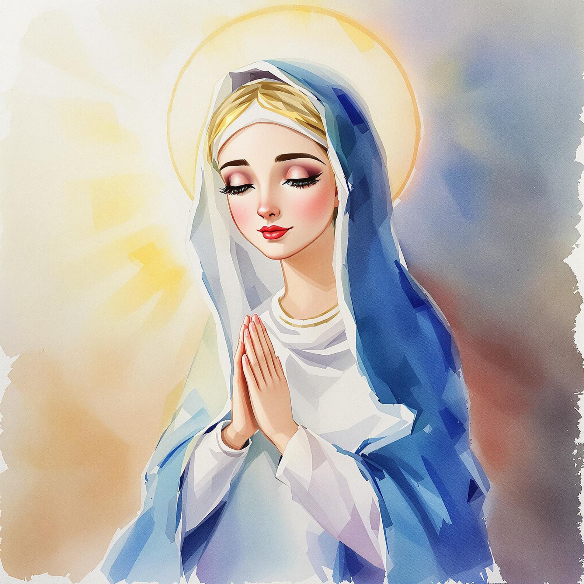 AI generated: A watercolor painting of the Virgin Mary, depicted in traditional religious iconography, wearing a b...