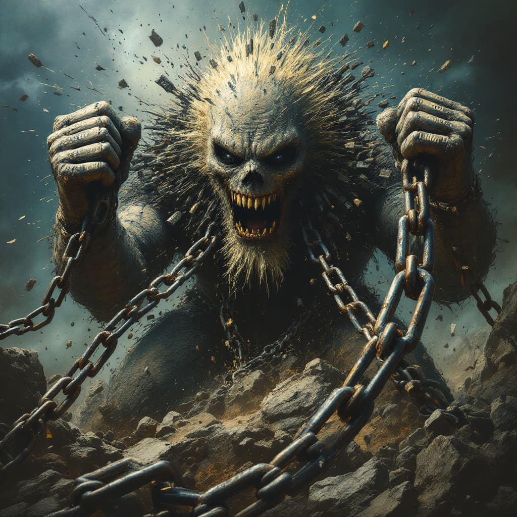 AI generated: A giant figure breaking through steel chains, where each link is labeled with "fear," "doubt," and "...