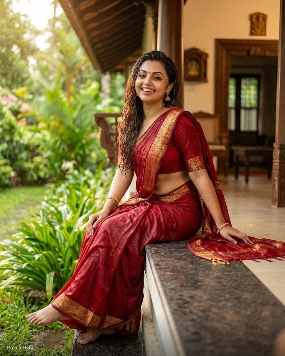 AI generated: Transparent Red wet saree Indian woman, without blouse, tight, sleeping on edge on bed, curvy body, ...
