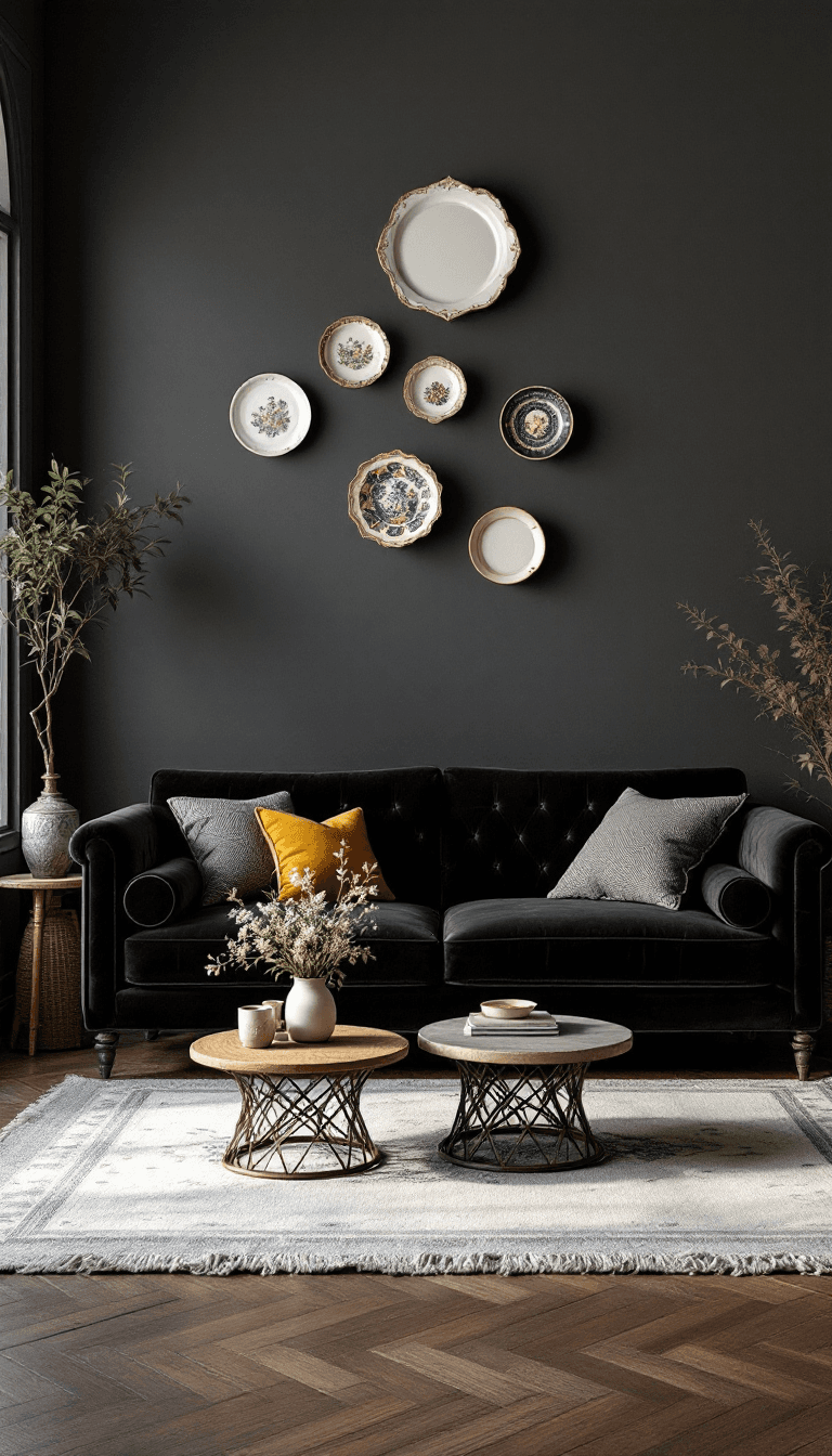 AI generated: a photo of a gorgeous antique artistic dark interior with black sofa, soft natural pastel colors, po...