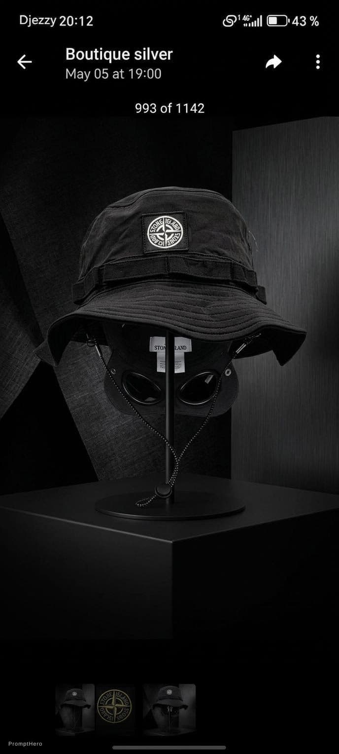 AI generated: "Stone Island bucket hat, dark dramatic background, studio lighting, luxury streetwear photography, ...