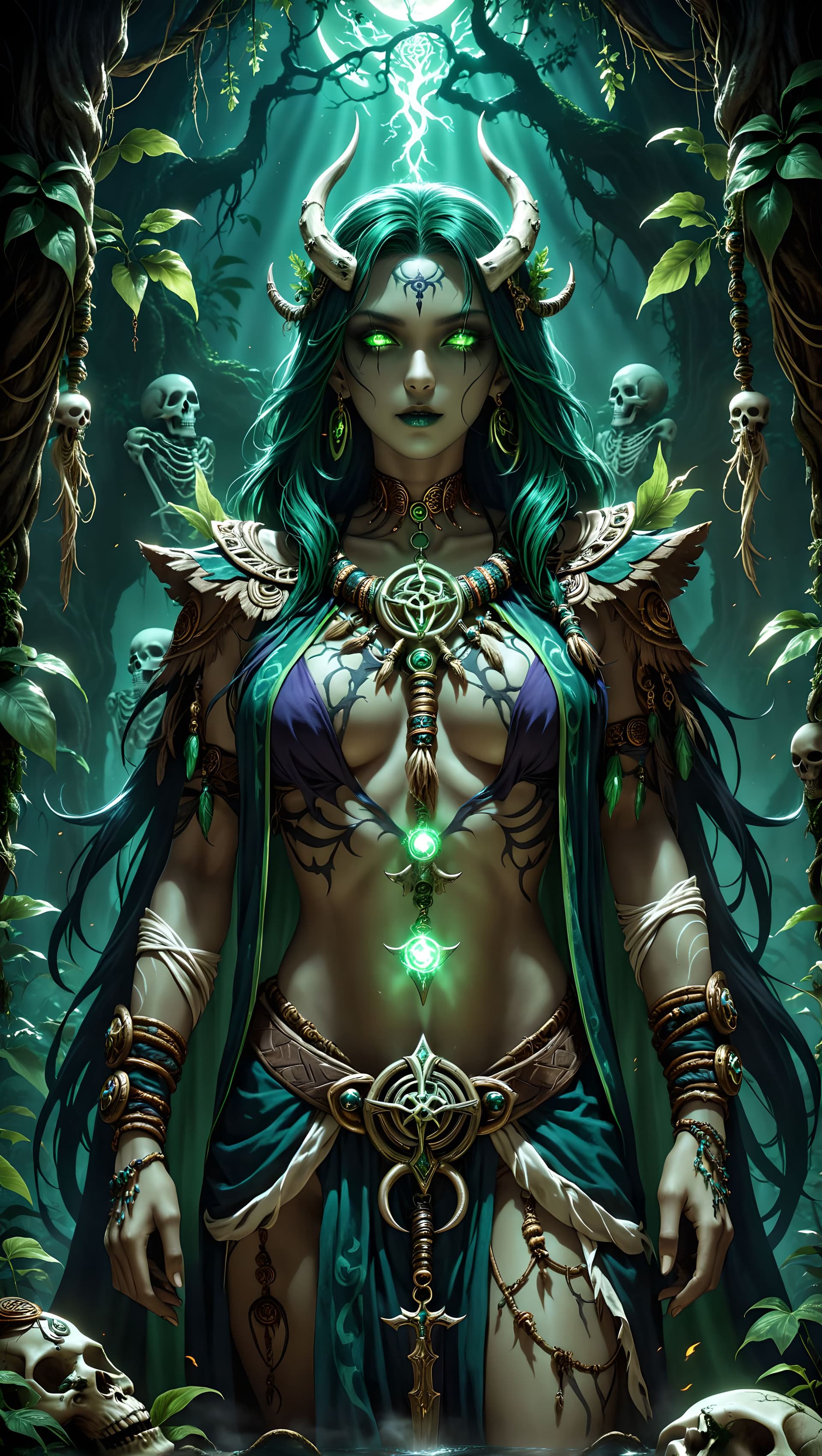 AI generated: A haunting Witch Doctor adorned in bone-crafted tribal ornaments dances under the moonlit jungle can...