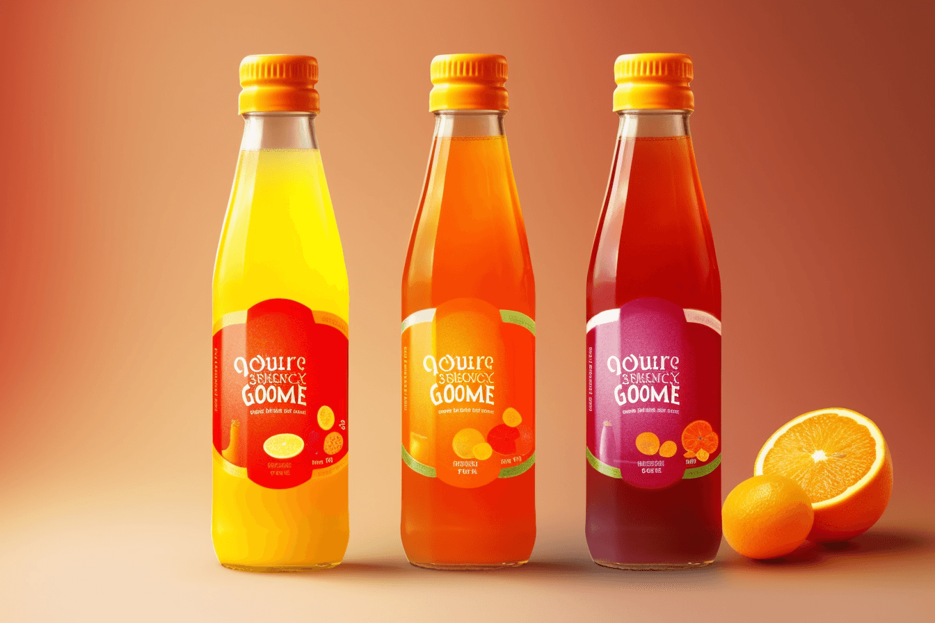 AI generated: The packaging design for the orange drink features three color variations, with one main color tone ...