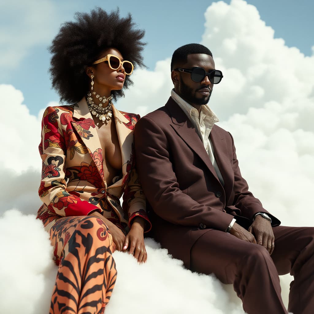 AI generated: A photo of an eccentric black woman and a black eccentric man both  sitting on top of white fluffy c...