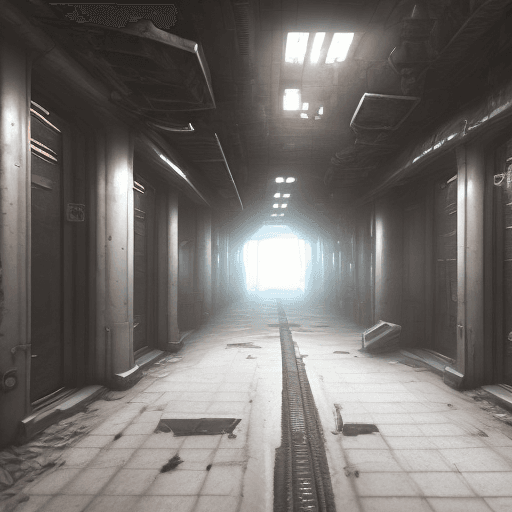 AI generated: top down concept art of a gloomy corridor in a dark spaceship, abandoned, post-apocalyptic steampunk...