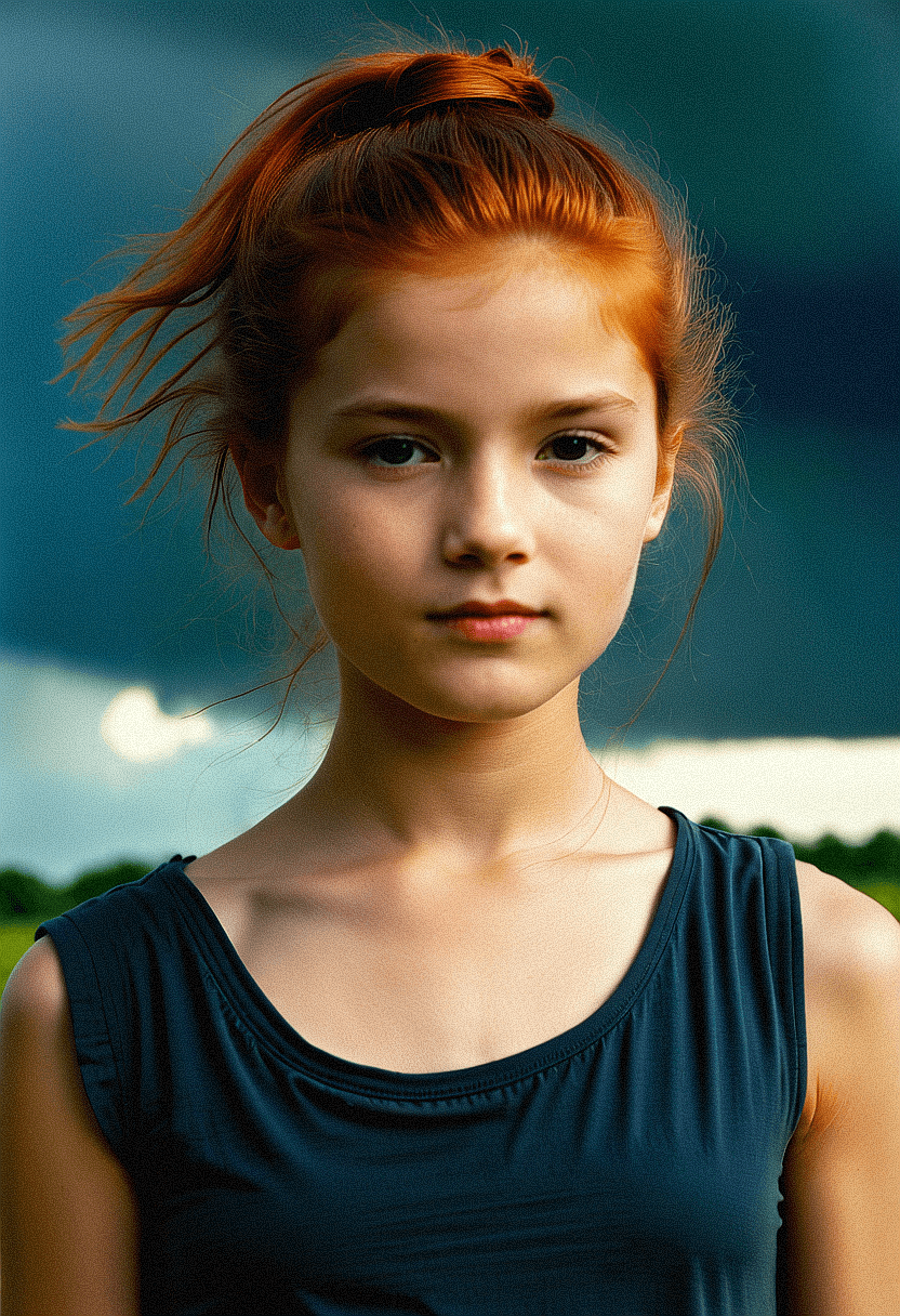 AI generated: (20:1. 3) year old (woman:1. 1) with (auburn:1. 2) hair in a (half-up, half-down:1. 1) style, (brood...