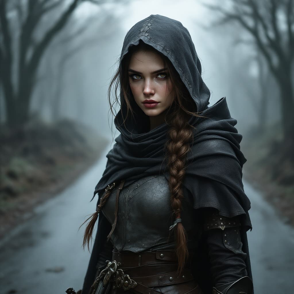 AI generated: female elf rogue with soft features. Brown hair in a single braid. Full body. Hooded cloak shadowing...