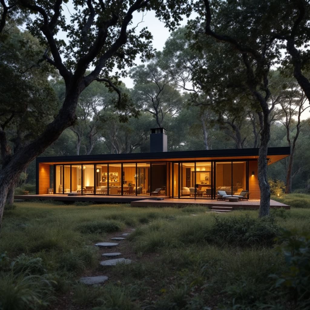 AI generated: Moderna casa hecha con contenedores en un bosque , rodeada de grandes arboles, auto sustentable, luz...
