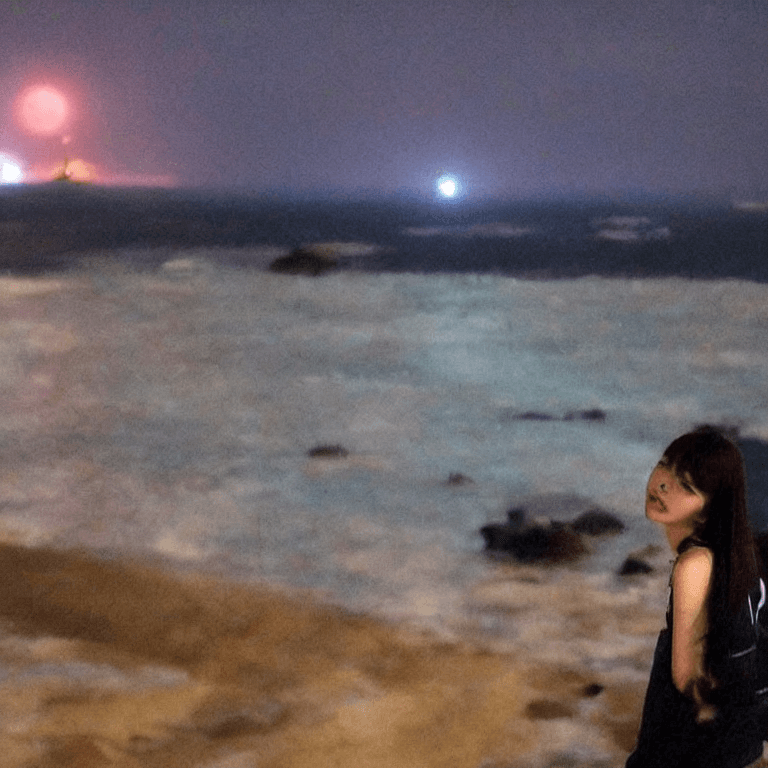 AI generated: 一個18歲女生看著大海 海面跳出鯨 在天空 夜空氛圍 滿天星星