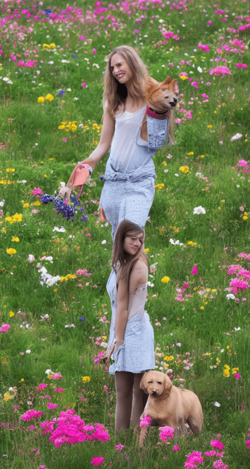 AI generated: American woman holding a dog in a flowery park, green field with flowers around