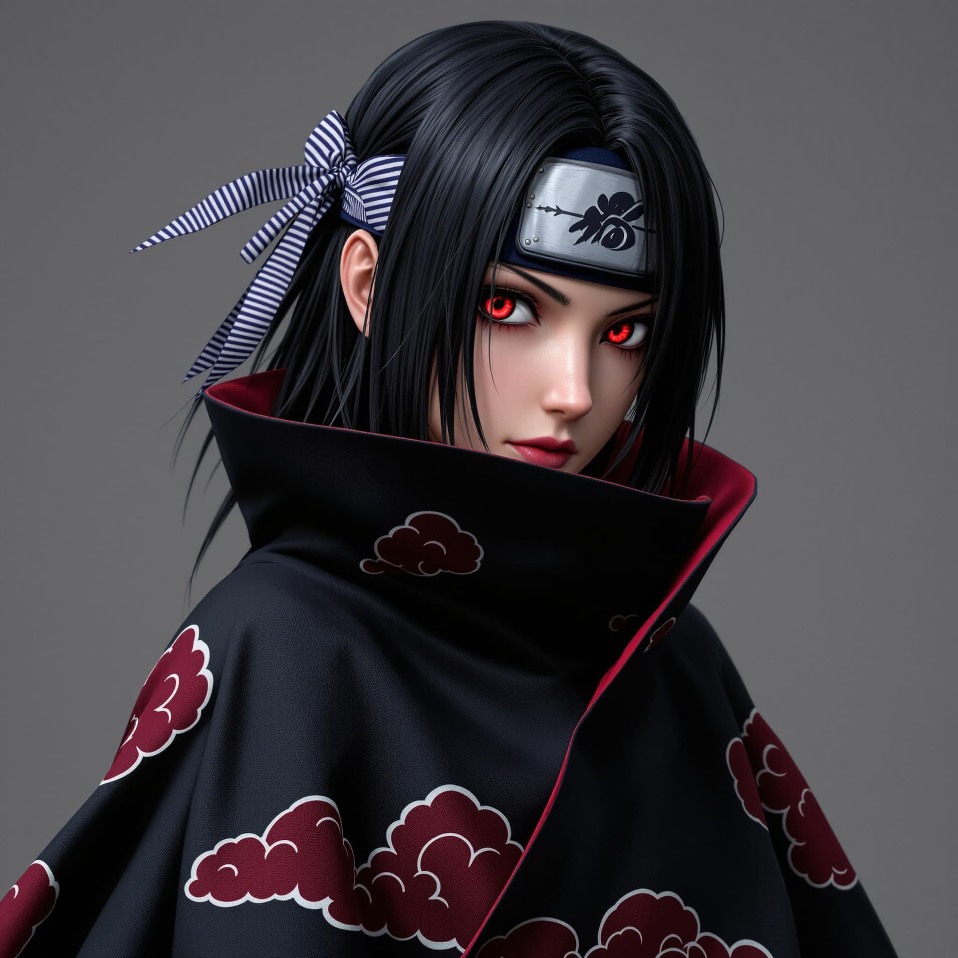 AI generated: Create a stunning photorealistic image of female Itachi Uchiha from 'Naruto'. She has black silver h...
