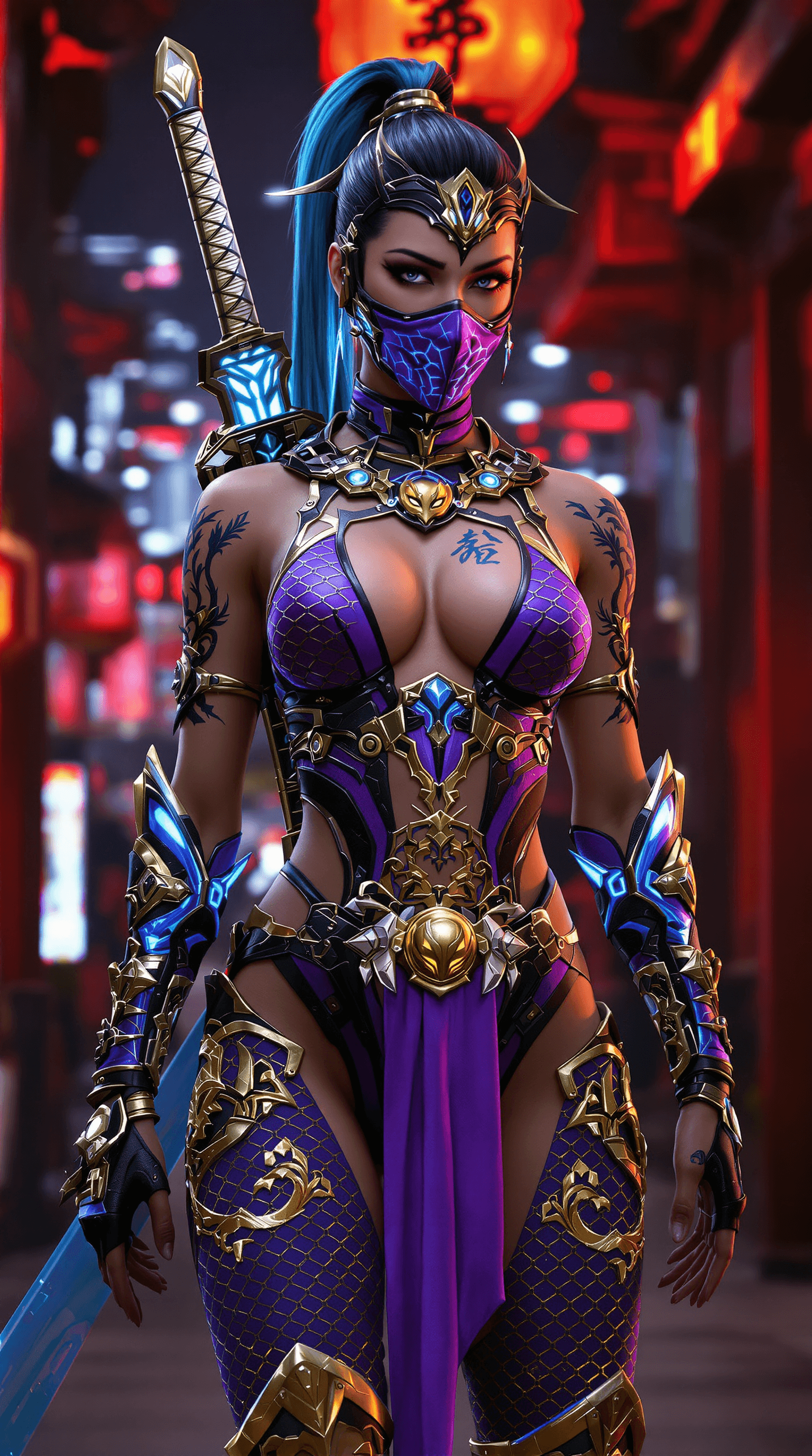 AI generated: Ultra-realistic cyberpunk Kitana from Mortal Kombat WITHOUT FACE MASK, wearing a high-tech warrior s...