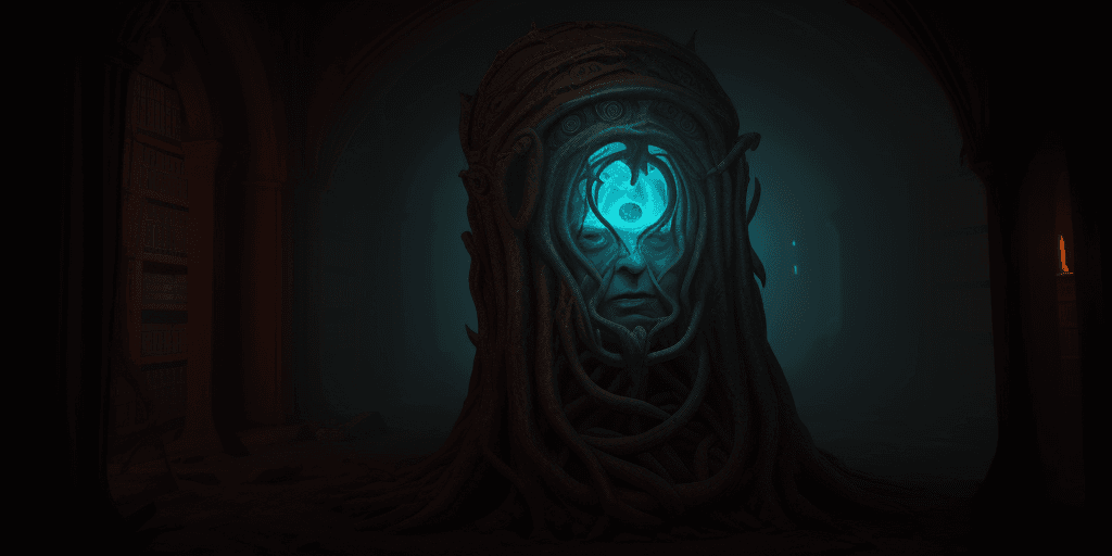 AI generated: medieval librarian exploring forbidden knowledge of the high eldritch gods, highly detailed, ambient...