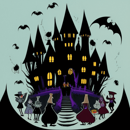 AI generated: Cartoon of a haunted mansion on a hill with ghosts having a party, werewolves Djing, and vampires se...