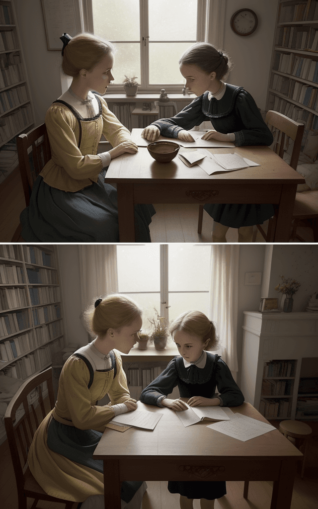 AI generated: Craft a poignant scene between young Marie Curie and her young sister, Bronislawa. Set it in their s...