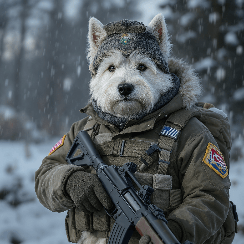 AI generated: Courageous West Highland White Terrier in full winter military uniform, holding a carbine rifle, ant...