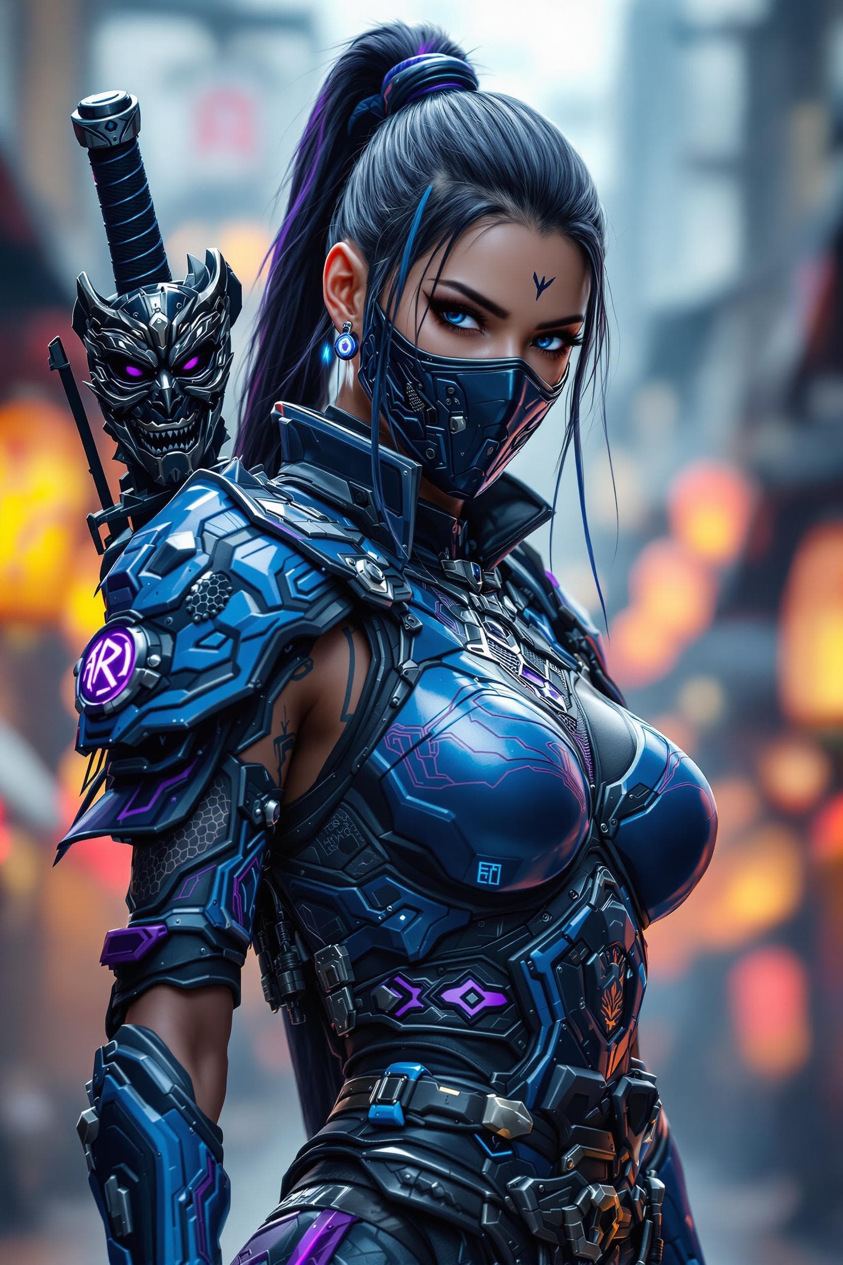 AI generated: Cyberpunk warrior woman, high-tech armored outfit with intricate patterns and royal engravings, blue...