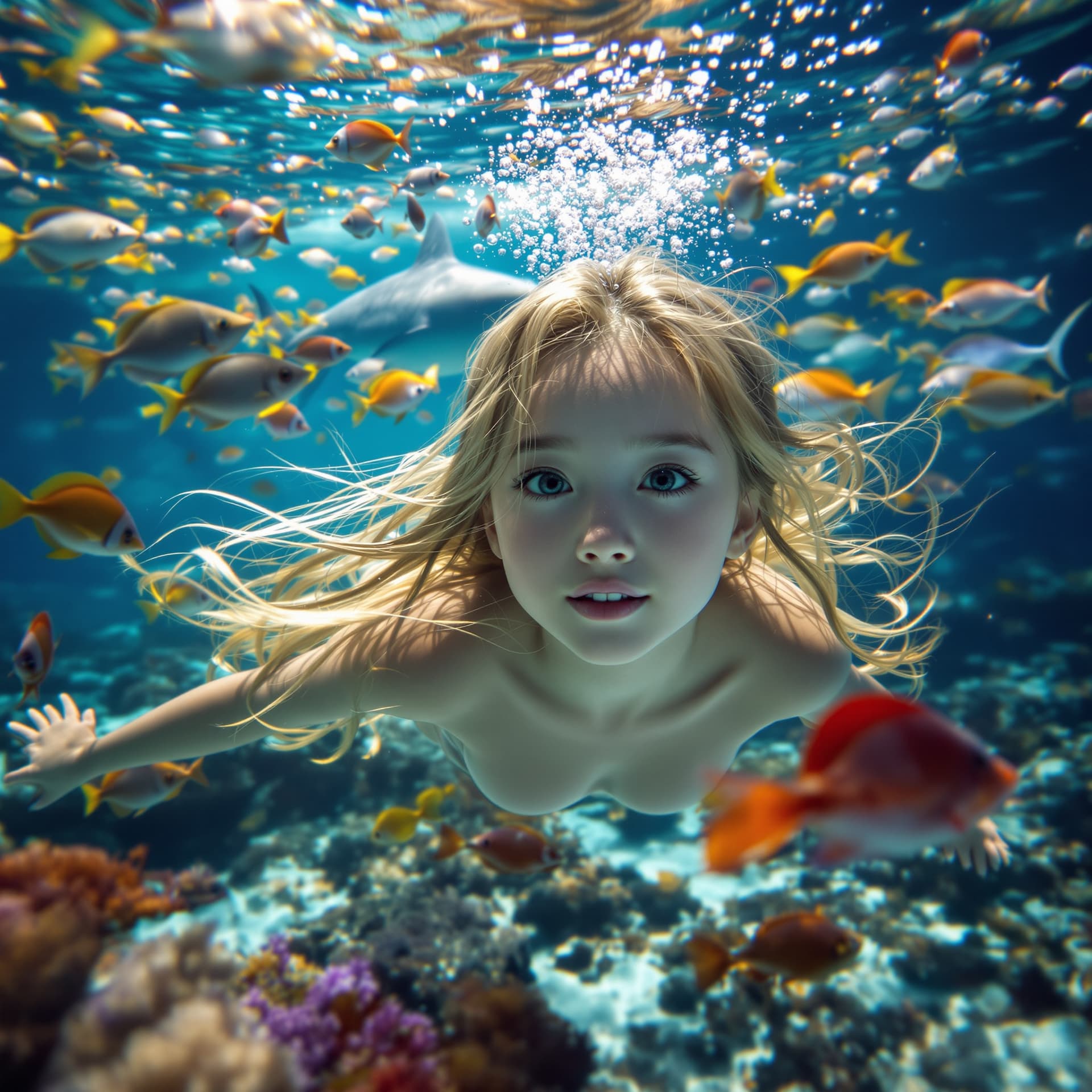 AI generated: hyper realistic photograph of a young Asian girl with long blond hair swimming underwater with schoo...