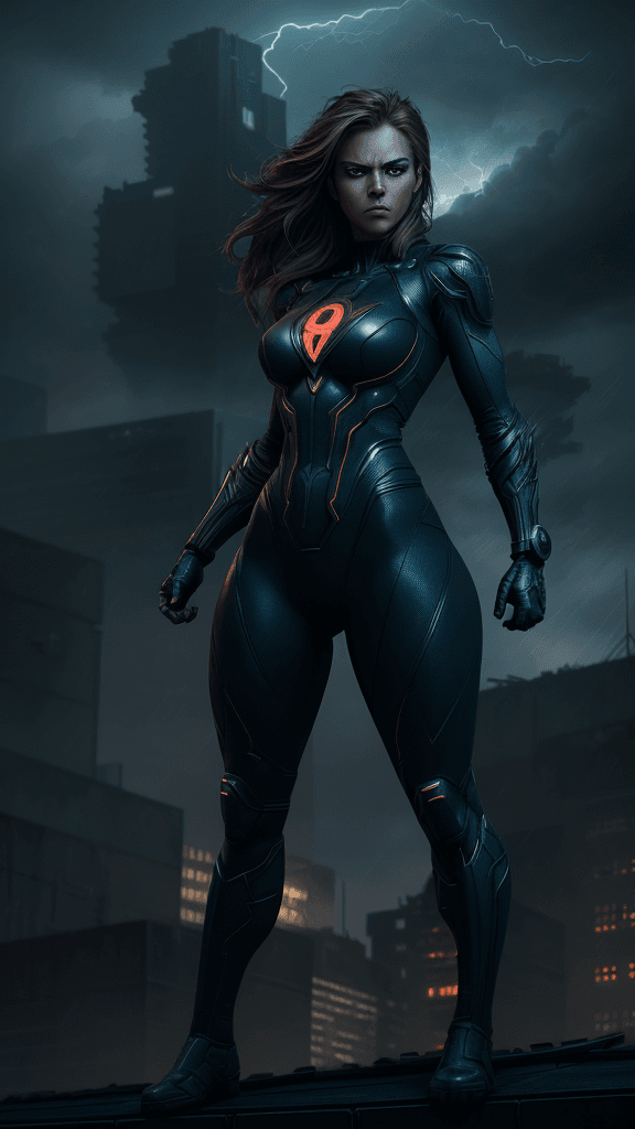 AI generated: Digital artwork, concept art, a female superhero with Prompt Hero logo  on her chest, standing on ro...