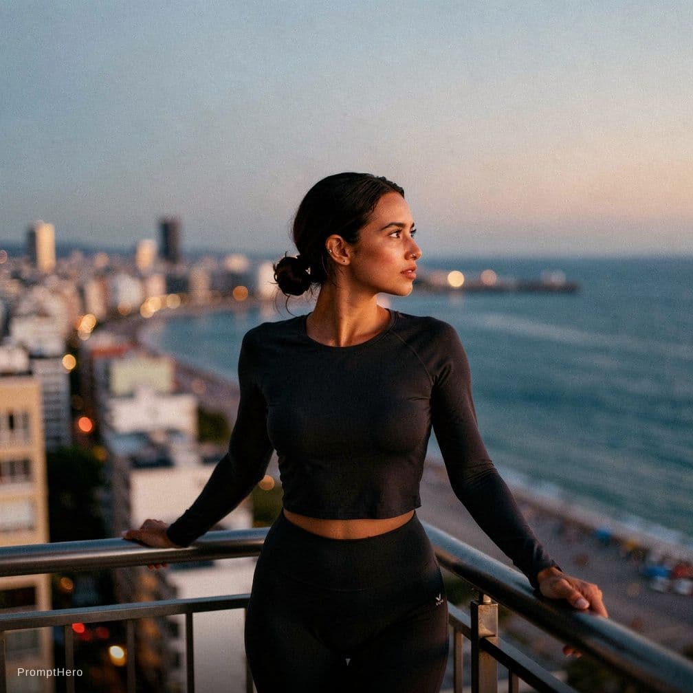 AI generated: A documentary style photograph of a young female on a high balcony just after swimming. Her long dar...
