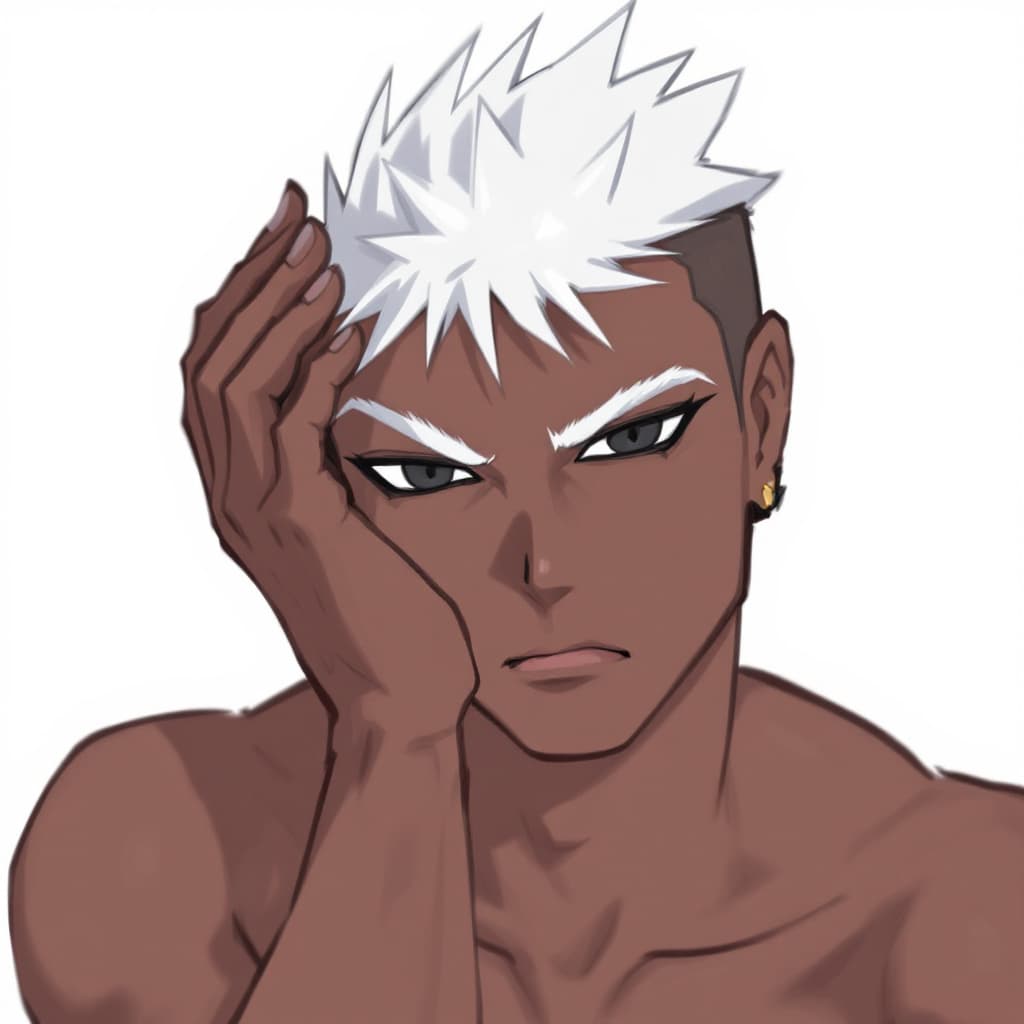 AI generated: expressive eyes, cute face, 1boy, Shota, kemono, Dark skin, 1boy,, solo, black eyes, spiky white hai...
