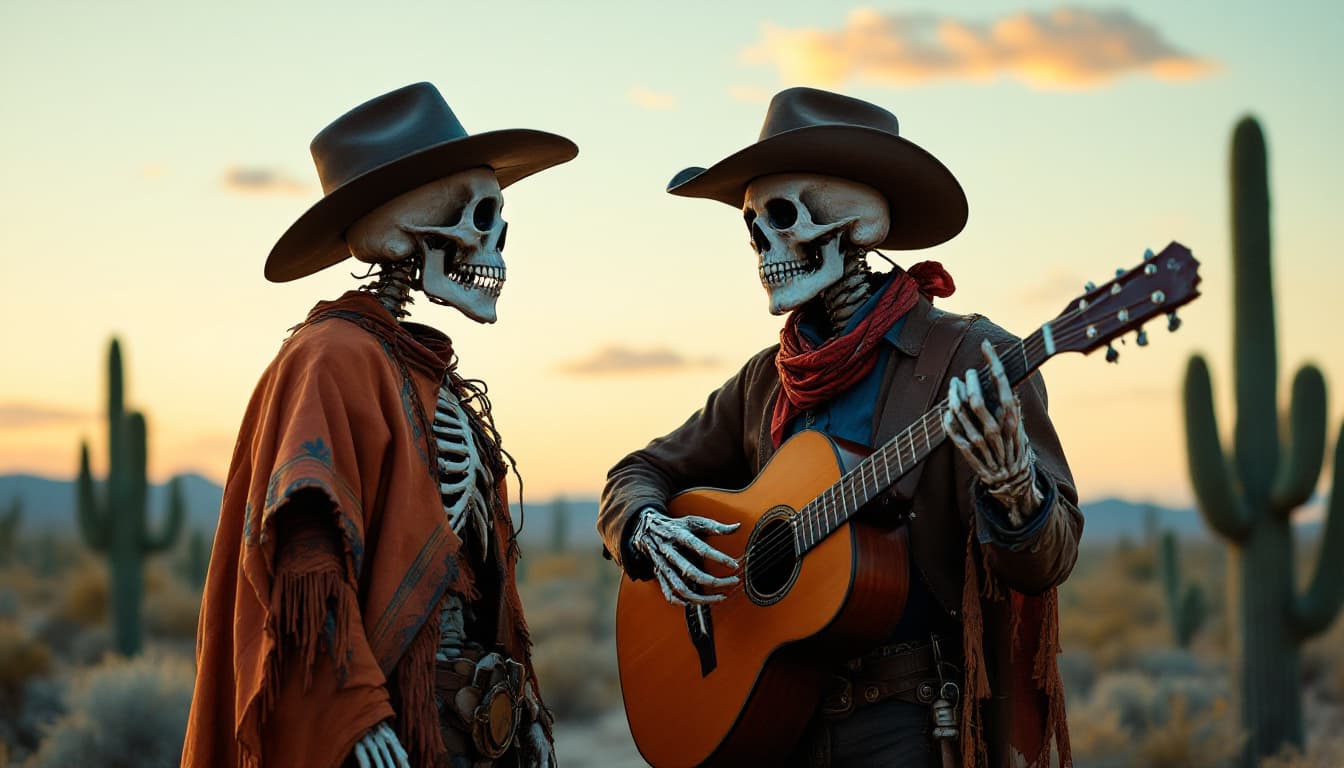 AI generated: Estilo western, en el desierto al atardecer. Hay cactus. Two skeletons are talking to each other esq...