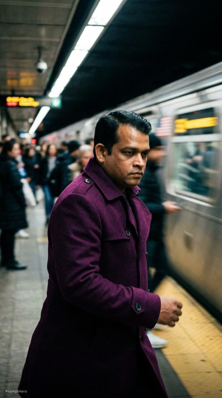 AI generated: fashion editorial photography, motion blur, male model, wearing an wool coat, deep purple color, wal...