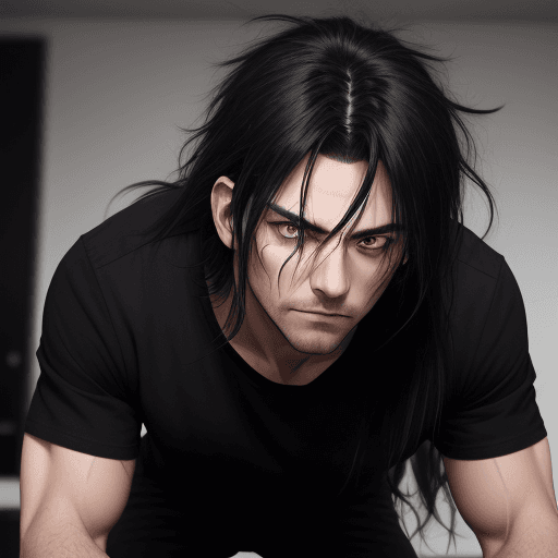 AI generated: 1boy, black_eyes, red_eyes, black_hair, long_hair, messy_hair, bangs, hair_between_eyes, stubble, ey...