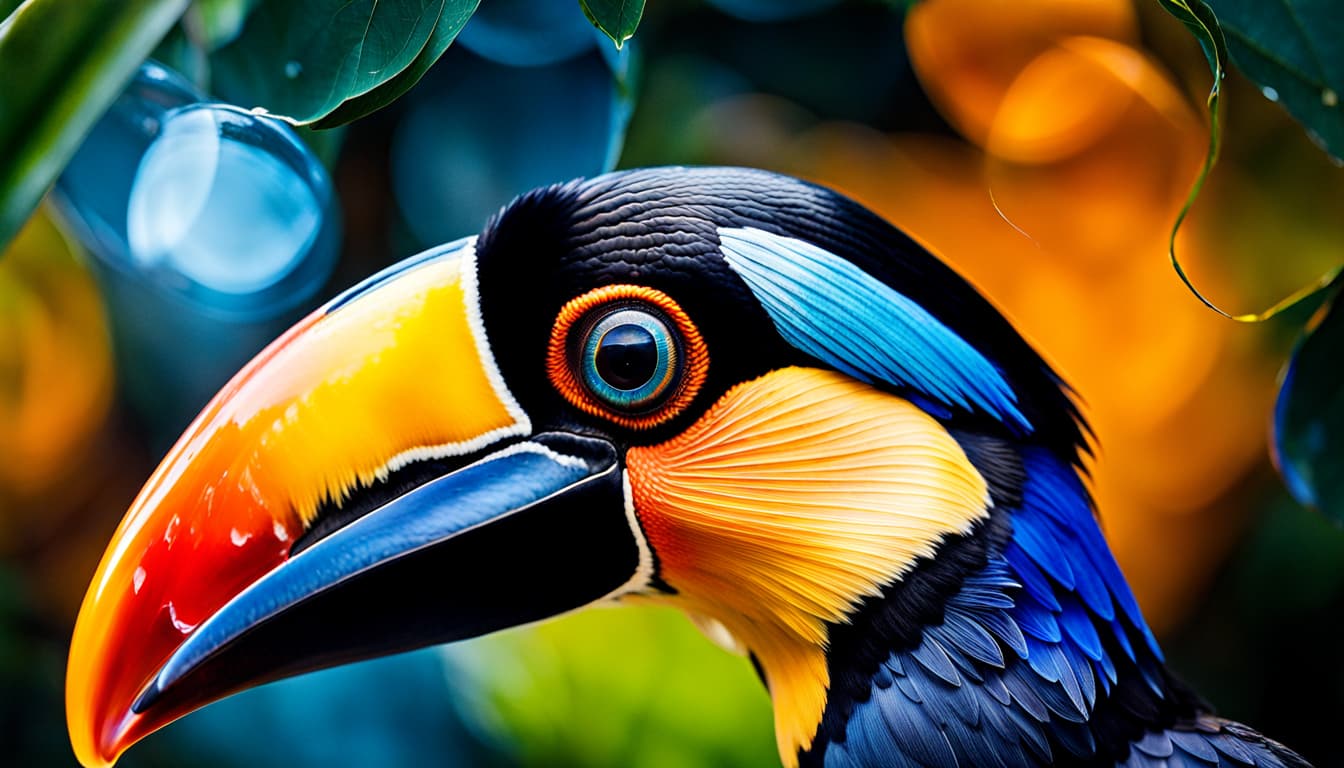 AI generated: 200mm detailed photo, ultra close-up, an insane realistic toucan, jungle leaves, in the style of cry...