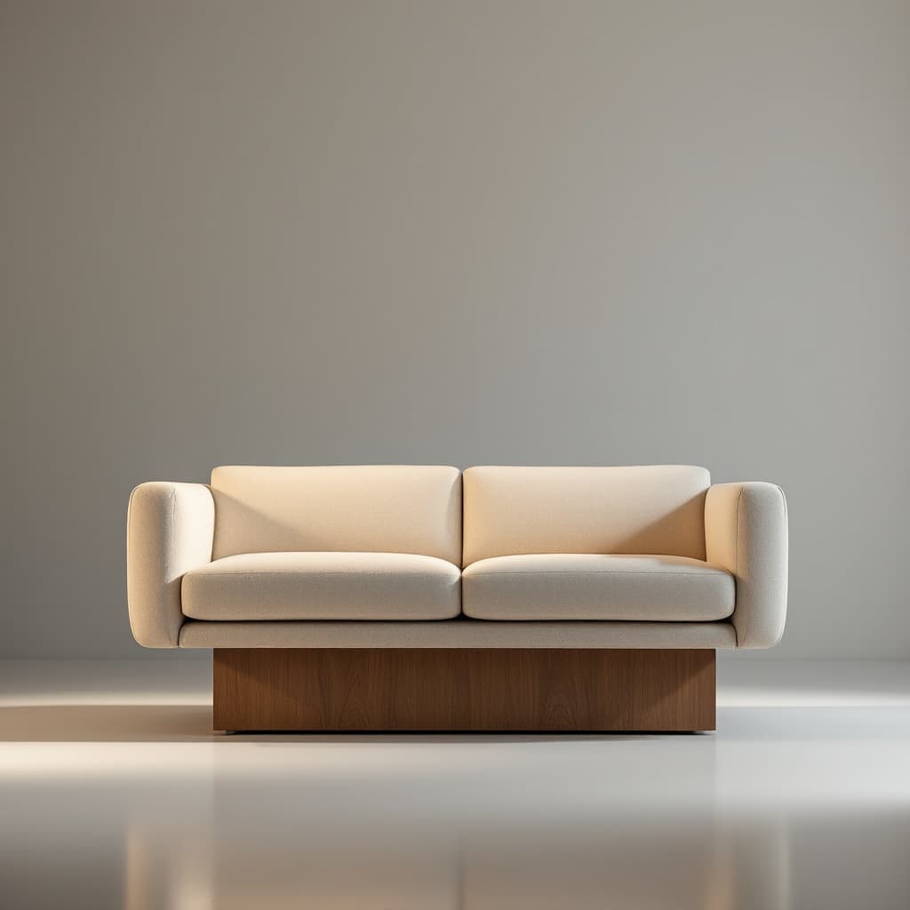 AI generated: dramatic product photography in studio lighting of a modern clean line two seater sofa with a wood p...