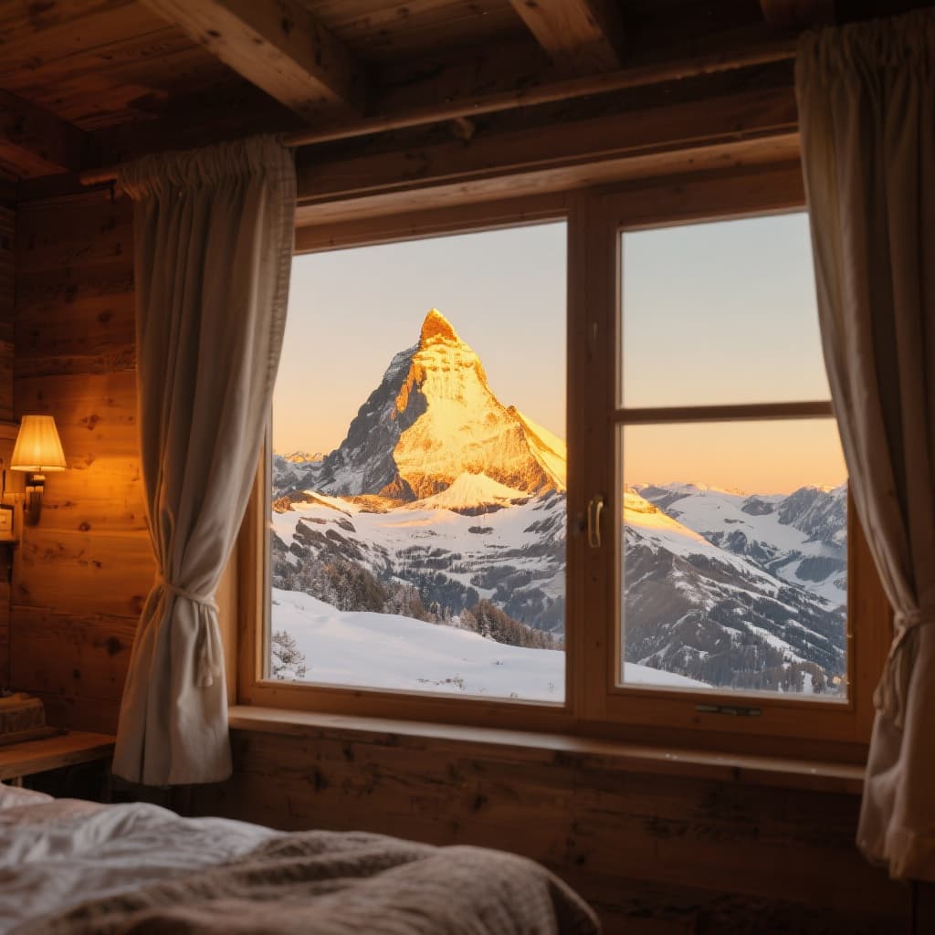 AI generated: A warm view from inside a cozy Swiss chalet, looking out through a wooden-framed window at the Matte...