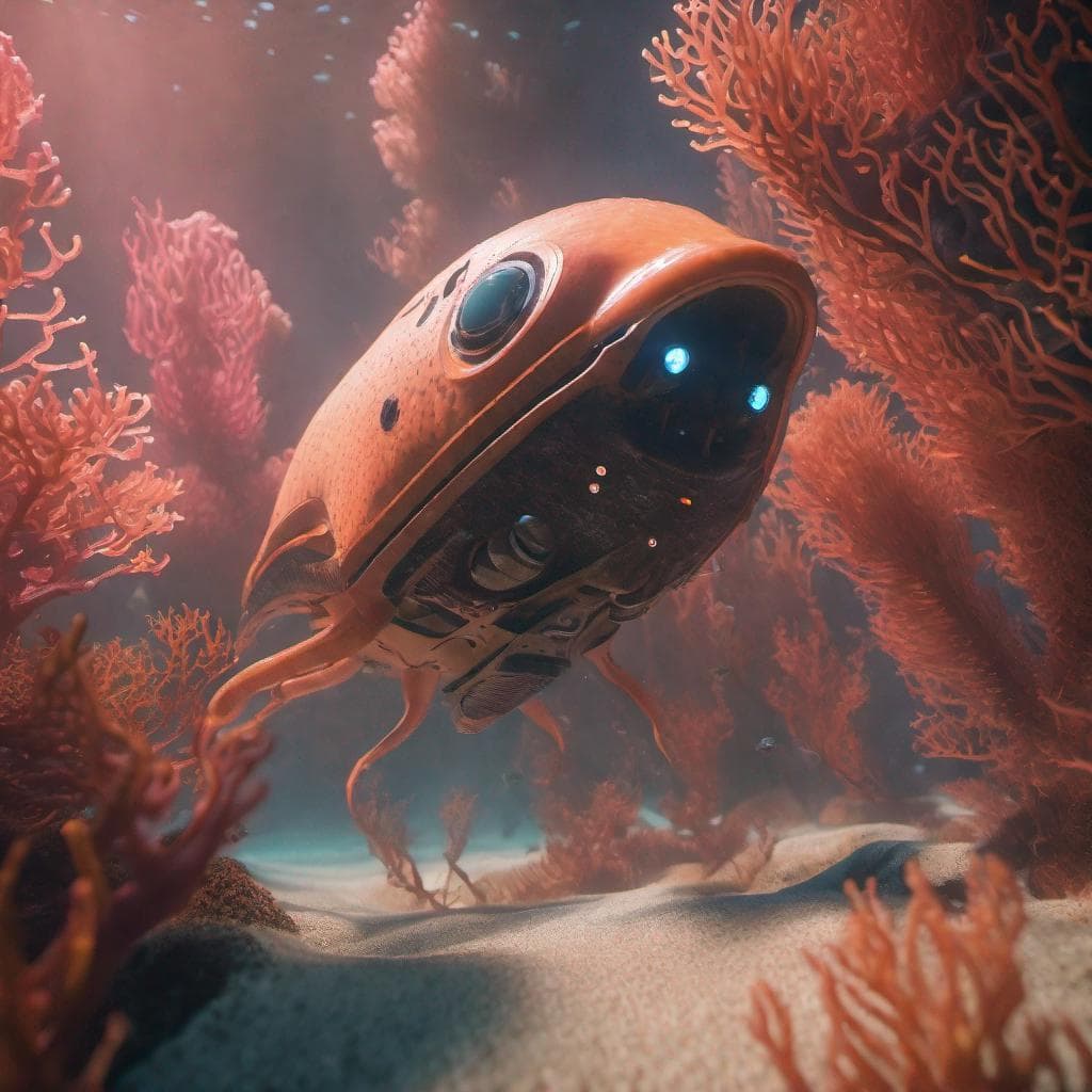 AI generated: cinematic scene of (((robotic aquatic creature))) in a tropical coral reef, under water photography,...