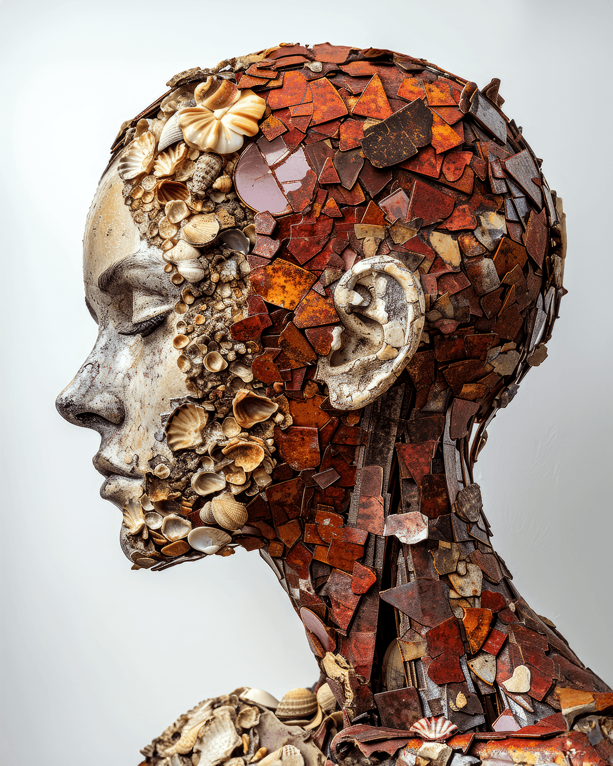 AI generated: the anatomy of a woman's head made of metalic rusted red domino pieces and smashed sea shells, octop...