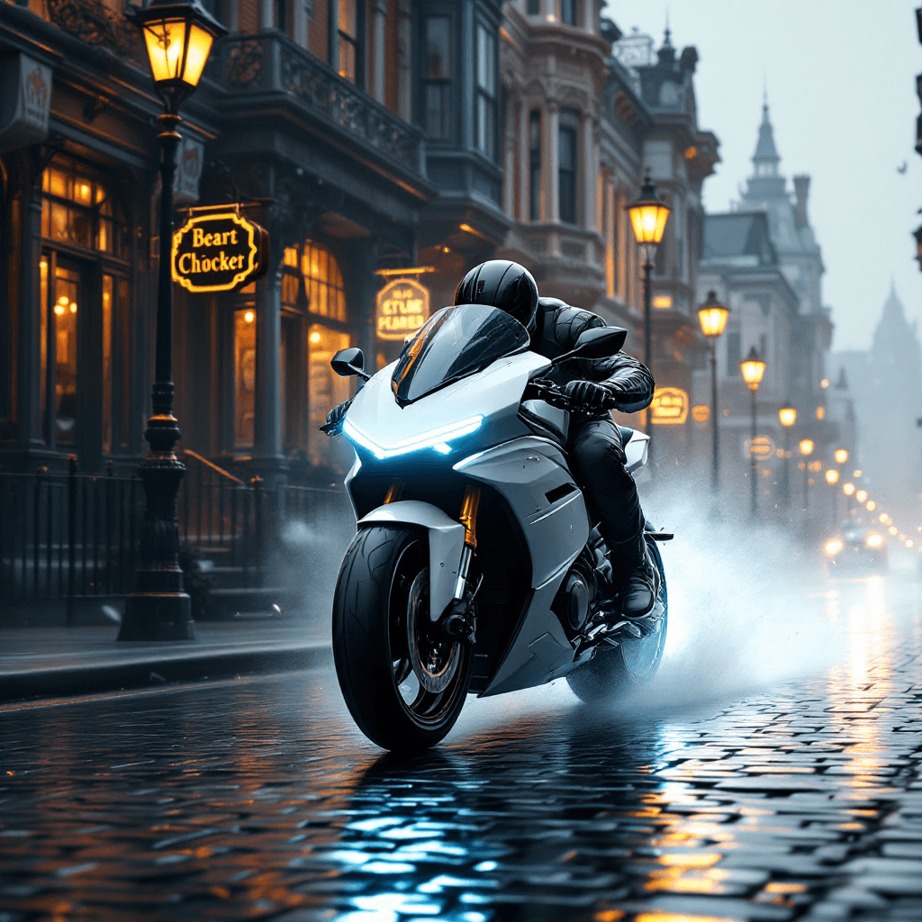 AI generated: A scene of an isle of white motorcycle racing down a cobblestone Victorian-era street, merging the e...