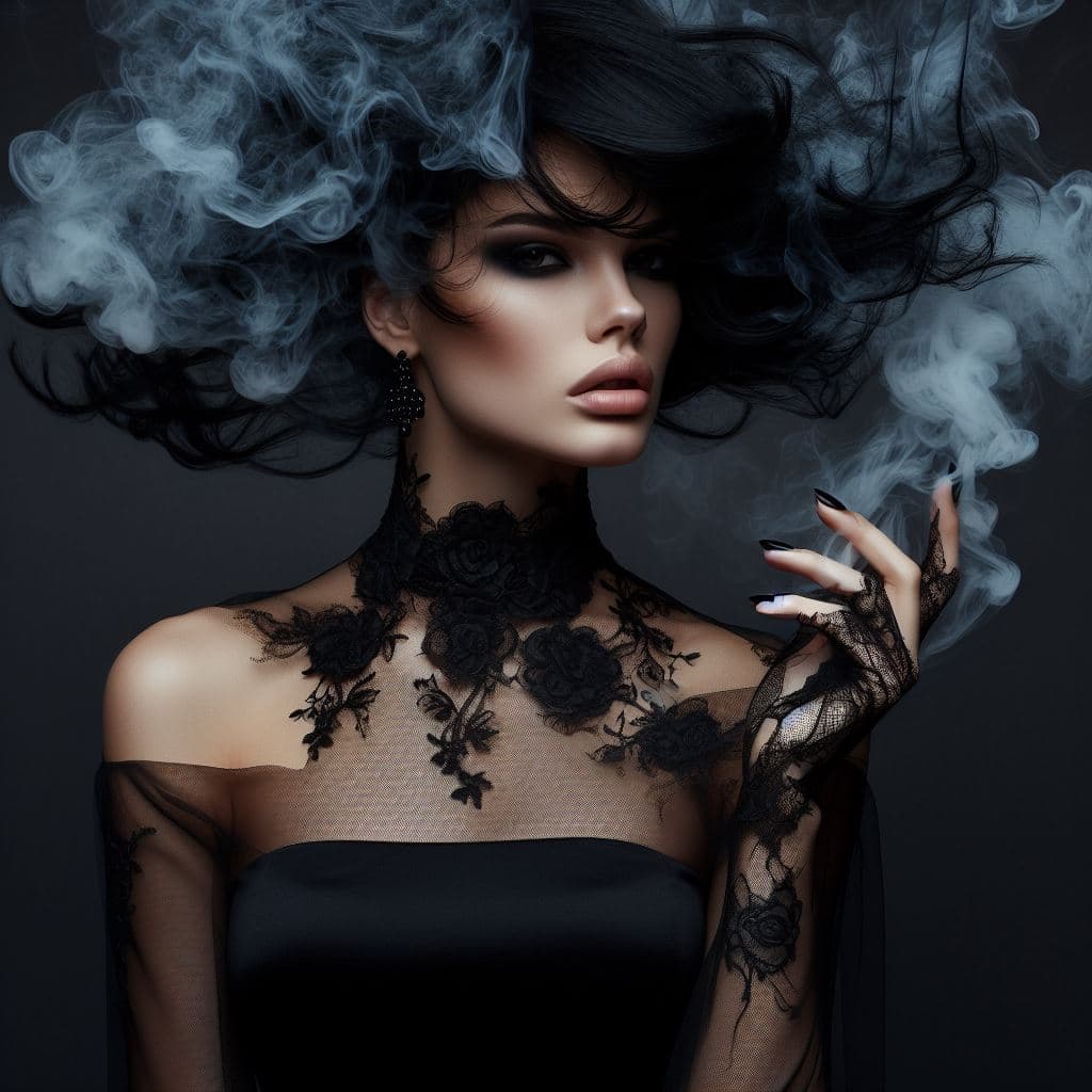 AI generated: A female in black dress with black hair made out of smoke