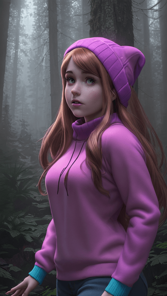 AI generated: (HDR1:1)Mabel Pines In favorite sweater, from Gravity Falls, captured in an epic photoart in the sty...