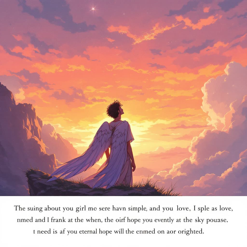 AI generated: The hero stands on a cliff at sunset, gazing at the sky, with a contemplative look. His eyes are fil...